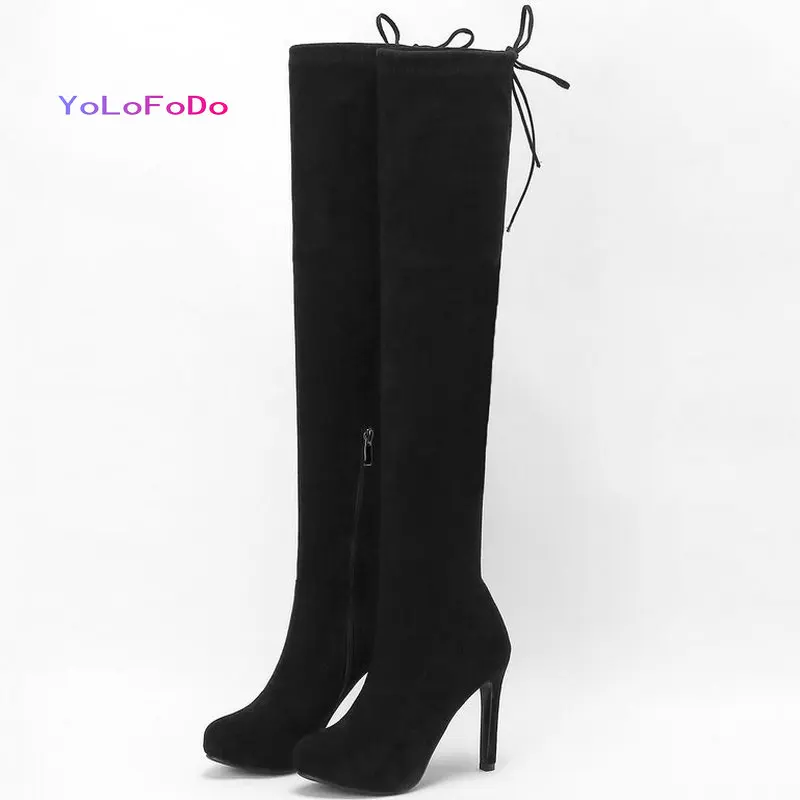 

Черные, серые, персиковые Женские Сапоги выше колена из искусственной замши высокого качества женские сапоги стрейч с круглым носком на тон...