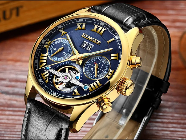 Швейцарские Бингер мужские часы люксовый бренд Tourbillon сапфир светящиеся несколько функций механические наручные часы B8602-7