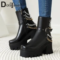 big size 35 43 brand design party punk lady ankle boots fashion chain buckle platform boots women chunky high heels shoes woman