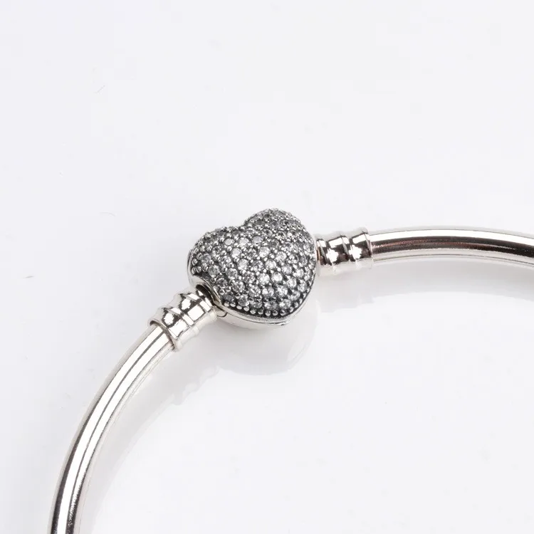 

925 Silver Pan Bracelet Silver Heart With Crystal Cz Button Pan Bracelet Fit European Charm Bracelets Women Jewelry