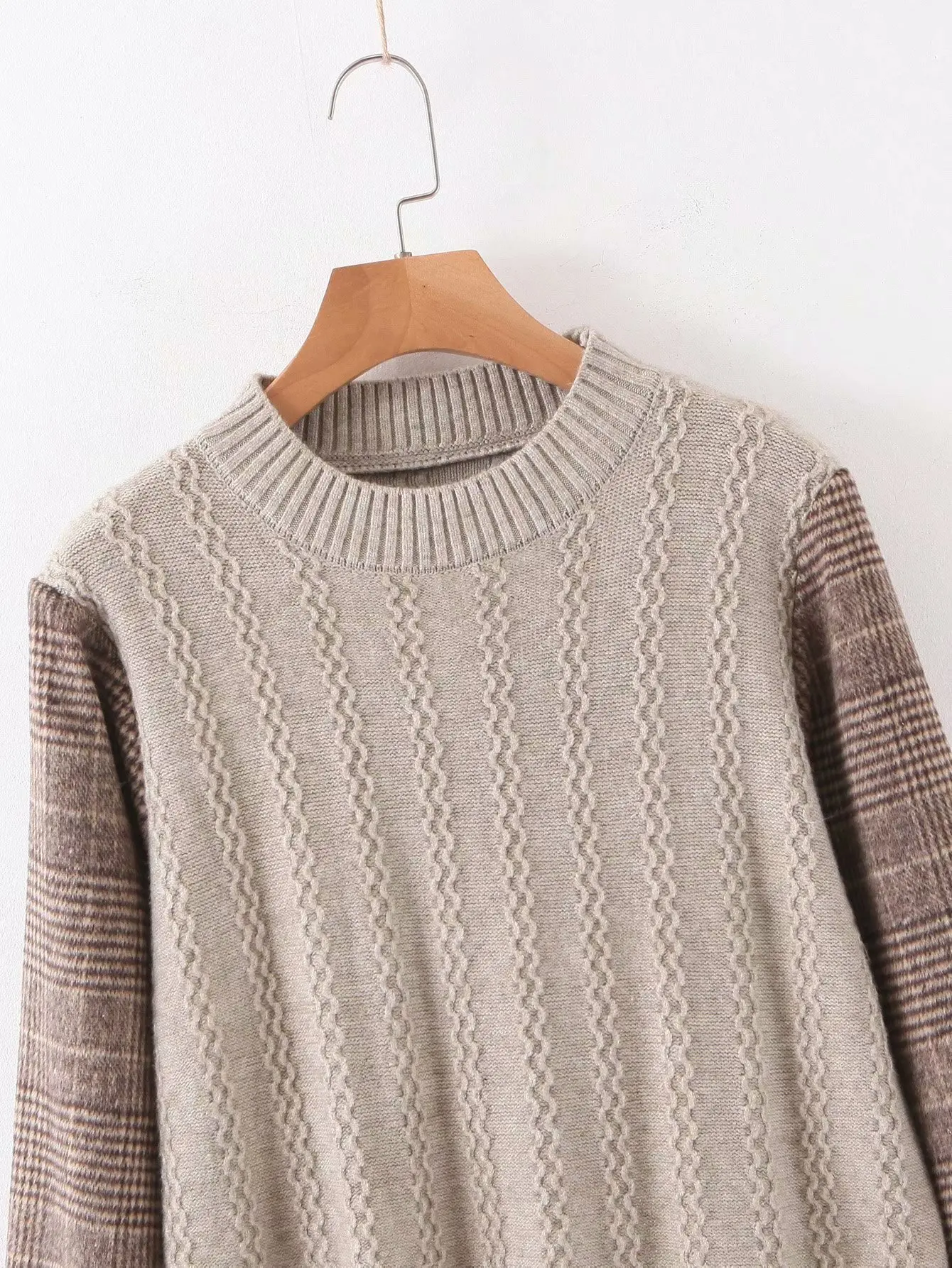

Retro Women'S Sweater Round Neck Stitching Knitted Women Pullover Sweater Checked Round Neck Women Fake Two Sweater Pullover