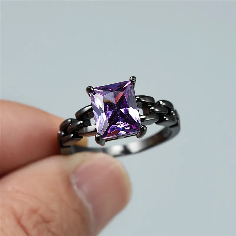 Geometric Red Purple Crystal Zircon Chain Rings For Women Vintage Fashion Black Gold Engagement Ring Female Birthstone Jewelry | Украшения