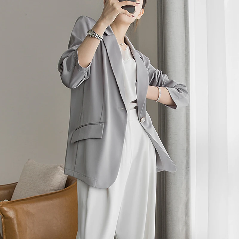 

SHENGPALAE temperament gray blazer women's autumn 2021 new notched loose single button thin long sleeve suit coat female