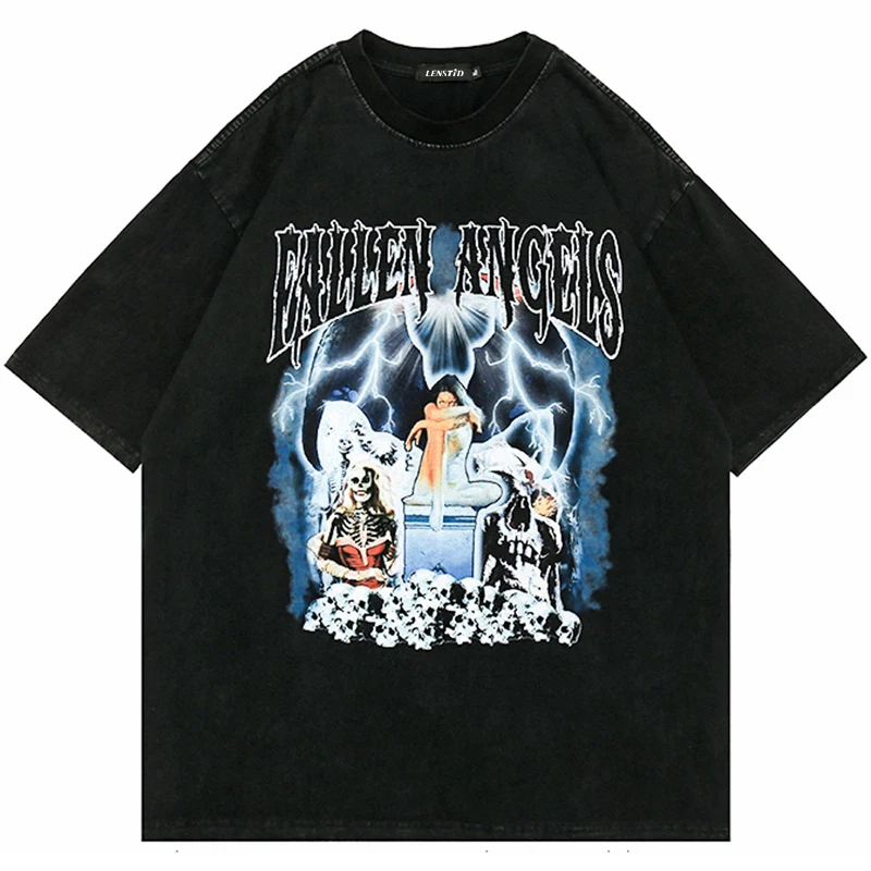 

Футболка мужская с принтом в стиле хип-хоп, промытая тенниска с короткими рукавами, майка с принтом молнии, черепа, уличная одежда, хлопковые...