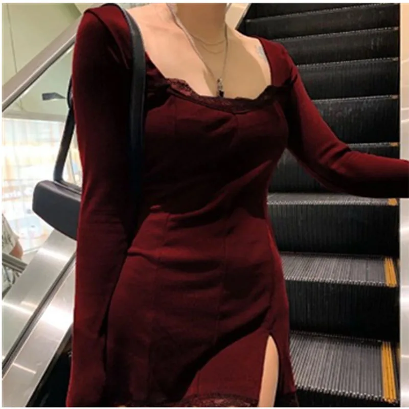 

Knit Short Dress Long Sleeve Lace Tube Top Dresses Sexy Nightclub Autumn Solid Color Autumn Mini Robes Vestidos Mujer Verano