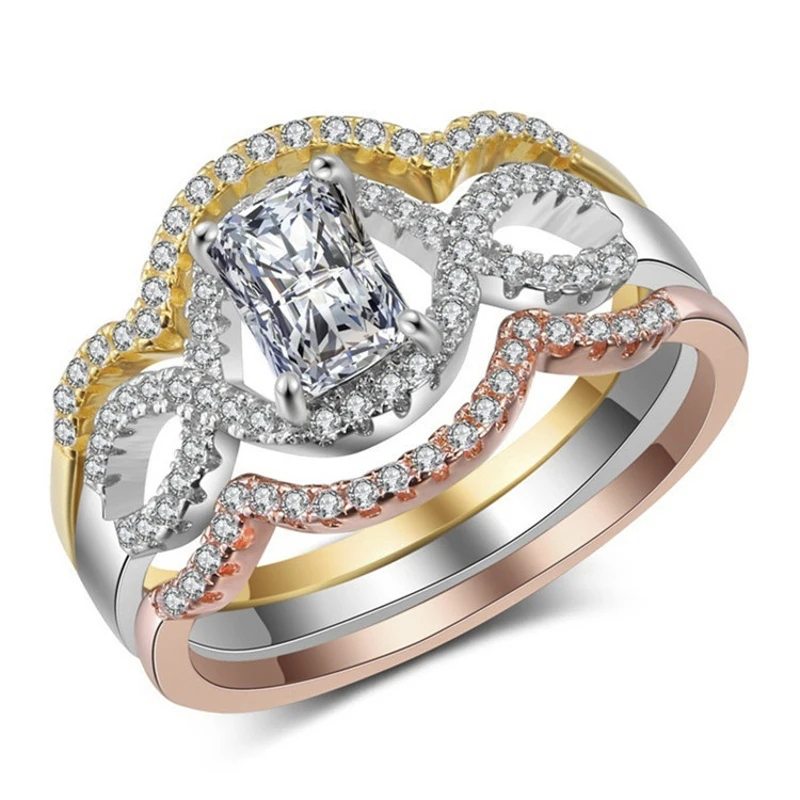 

3-piece New Hot Sale Fashion Creative Square Zircon Ring Fashion Three-color Couple Ring Jewelry Rings Set for WomenJewelry