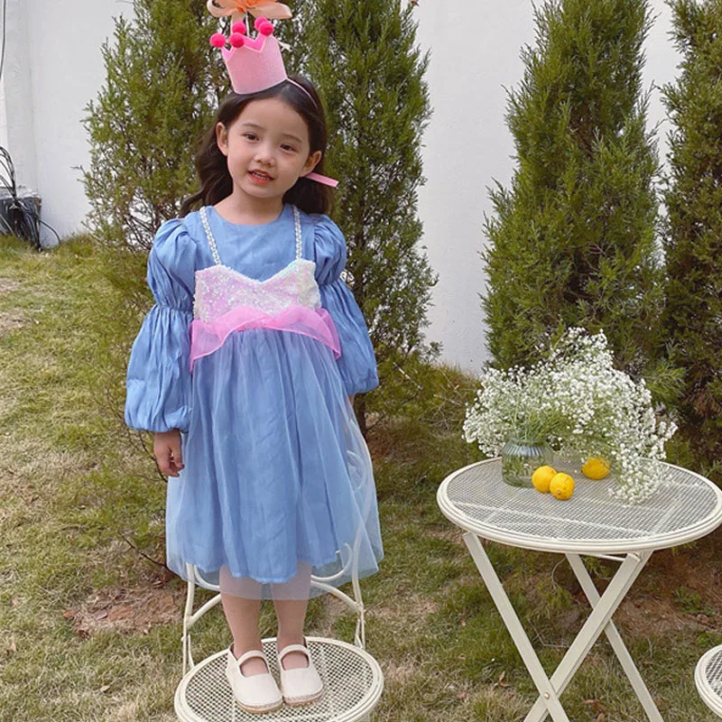 

Весенне-осеннее платье для девочек, детское платье на день рождения, детские платья, одежда, Блестящие Блестки, оборки, сетка, рукава-фонарик...