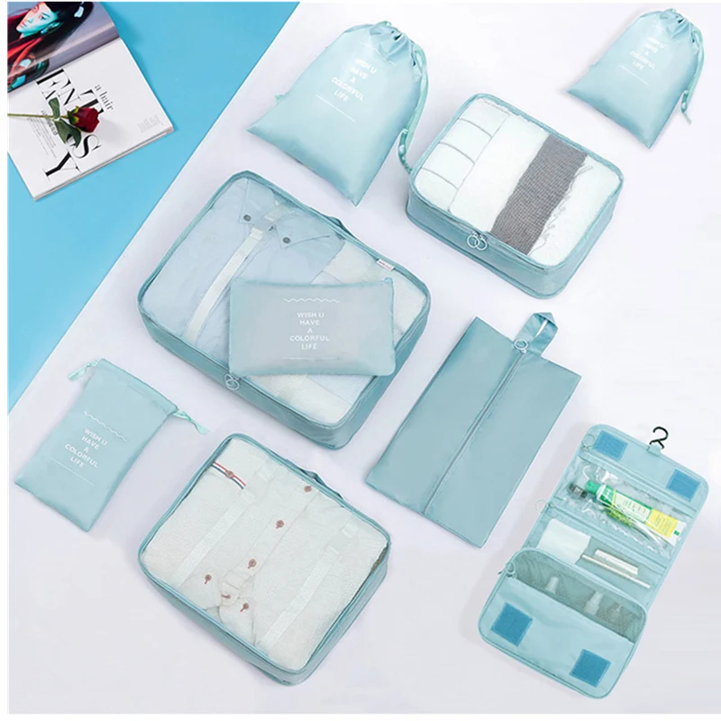 High Quality 9Pcs/set Suitcase Organize Storage Bag Portable Cosmetic Bag Clothes Underwear Shoes Packing Set Travel Makeup Bag