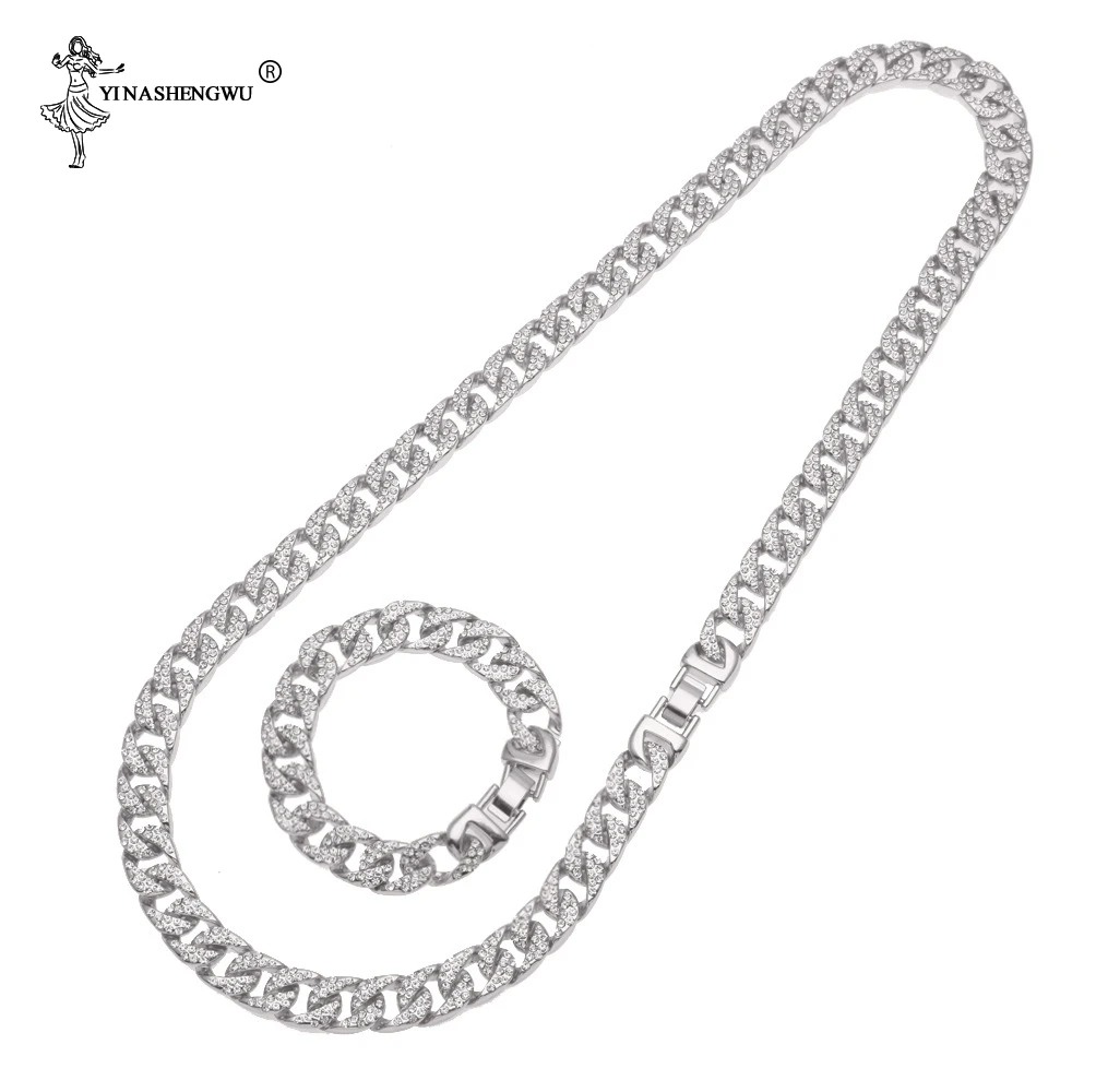 

Heavy Miami Cuban Chain Full Rhinestone Bracelet Necklace Set Gold Silver Color 13mm Choker Hip hop Iced Out Necklaces For Men