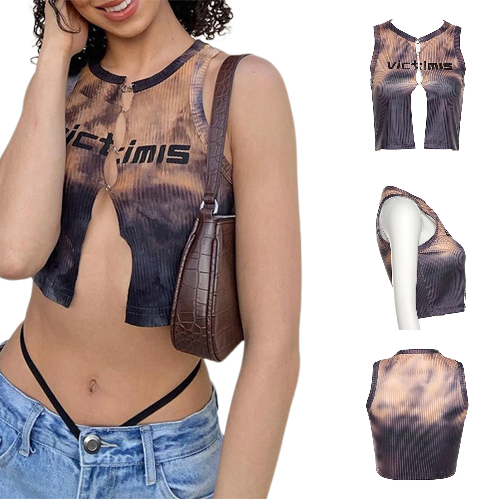 

Women's Crew Neck Tank Tops, Sexy Sleeveless Letter Tie Dye Print Hollow Out Crop Tops
