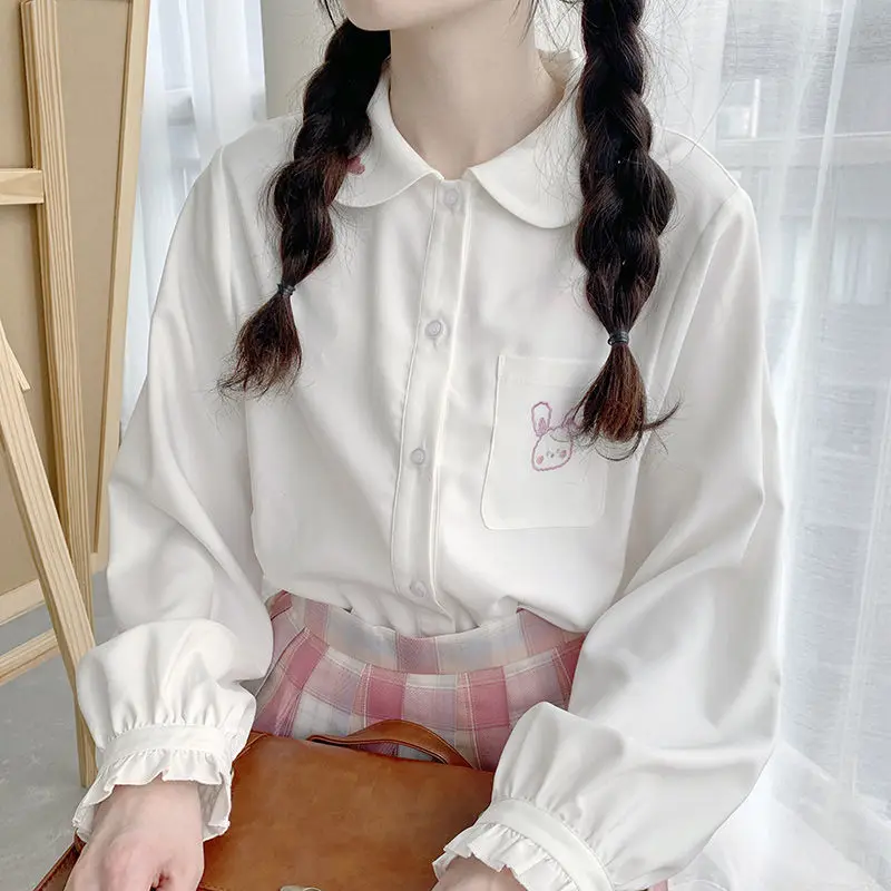 Японская белая шифоновая блузка Kawaii Женская Осенняя рубашка с длинным рукавом и