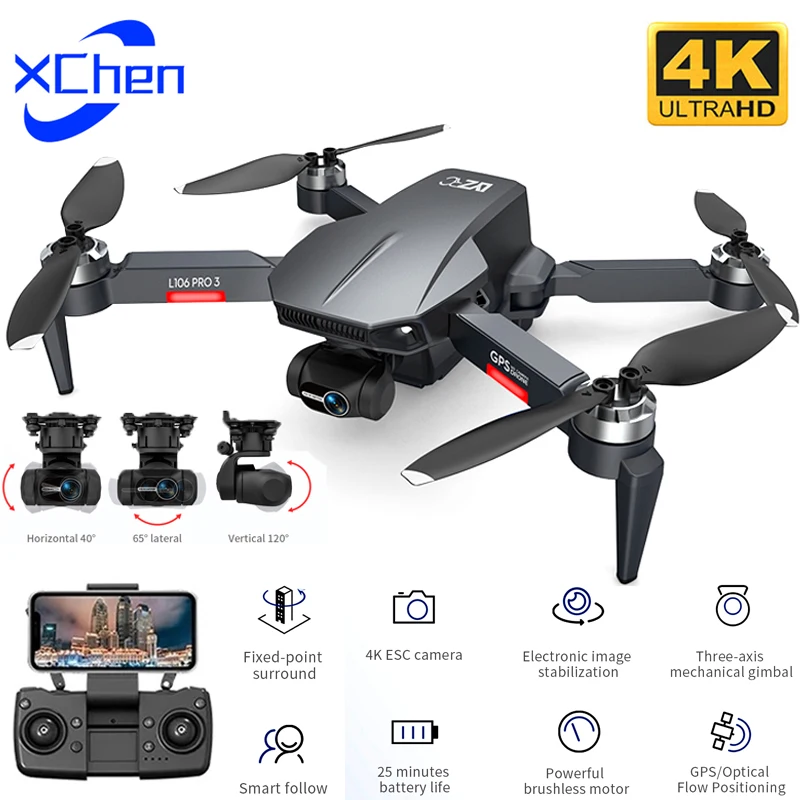 

Складной Дрон L106 Pro 3 GPS с камерой 4K HD, 3-осевой карданный бесщеточный Профессиональный Квадрокоптер SG906