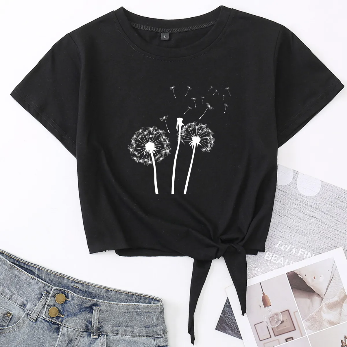 

Dandelion Weed Wildflower Print Crop Top Womens Summer Short Sleeve Cotton T-shirt Cropped Tops Graphic Tee with Front Knot