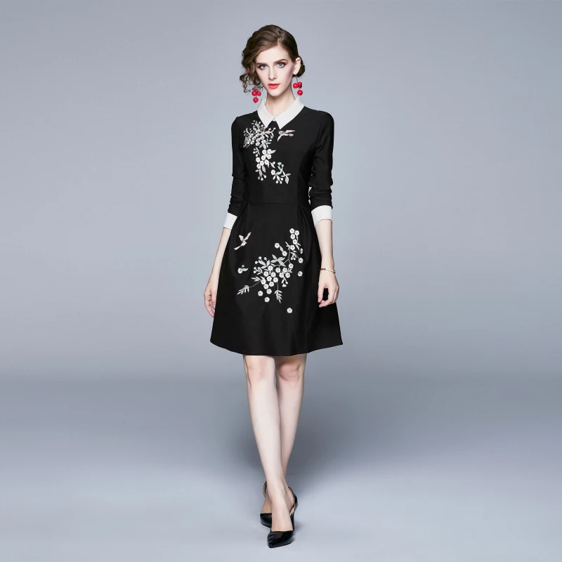 Осеннее черное платье с цветочной вышивкой Vestido Invierno Mujer женское платье миди Robe Moulante Femme ropa mujer K6564