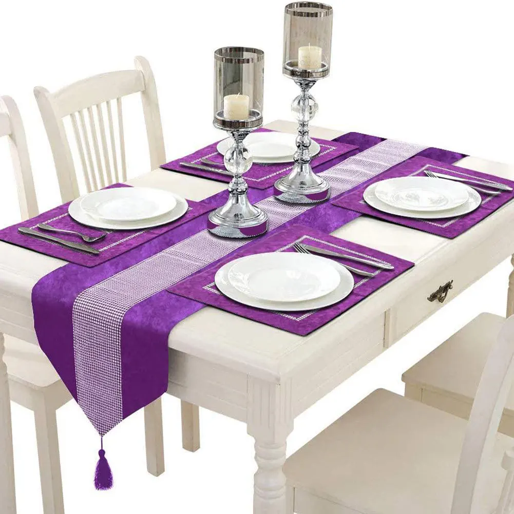 

Velvet Table Runner Set Placemat Table Mats Table Cover with Crystal Strip and Tassels Gray 4 Velvet Table Runner + 1 Placemat