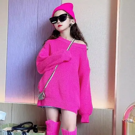 

Korean Girls Knitted Sweater Autumn Winter Coat for Girls Candy Color Pullover Sweater Loose Fashion Kids Tops 3-14Year Clothes