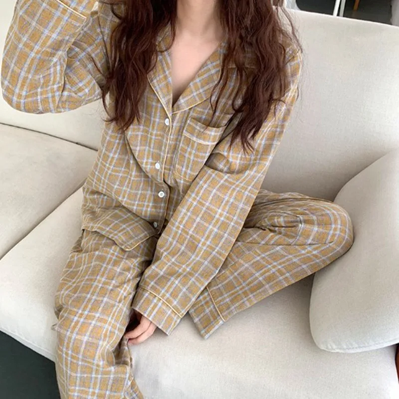 

Pajamas home wear suit korean new cotton women's sleepwear fashion plaid autumn winter long sleeve pyjamas nightwear pijamas set