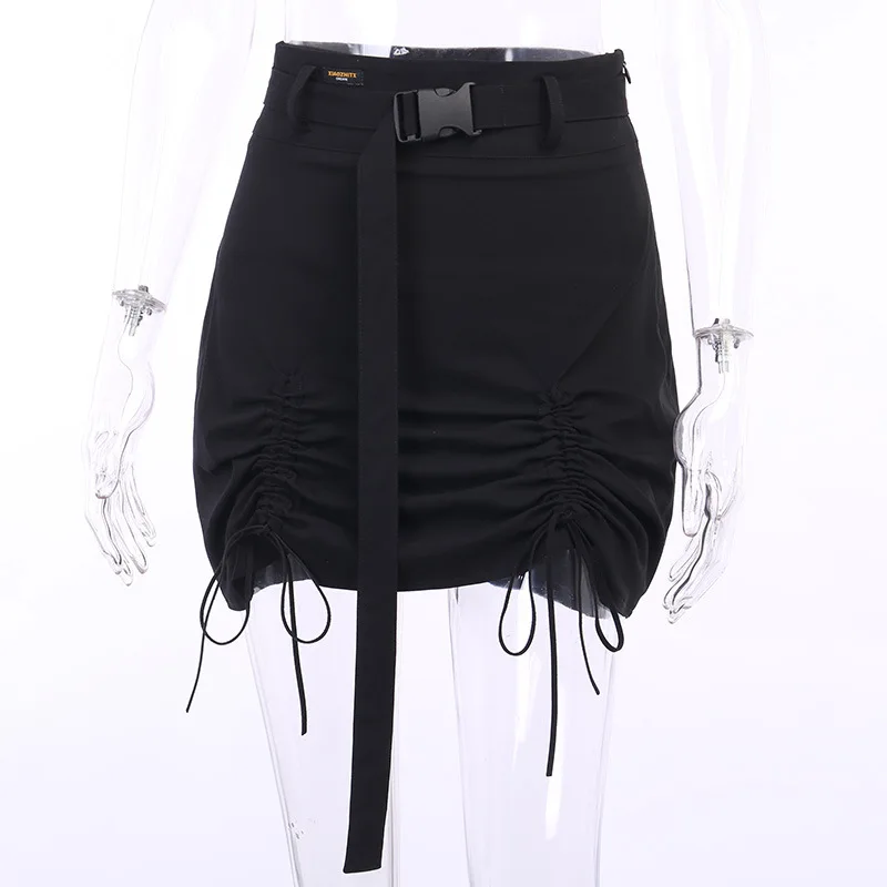

Cool Drawstring Lace Up Irregular Belt Short Mini Skirts Gothic Style A-line High Waist Summer Skirts for Women Girls