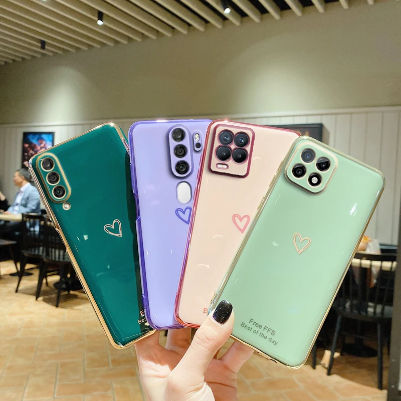 

Plating Love Heart Silicone Phone Case For Oppo Realme 5 6 7 8 Pro 5g 5i 6i 7i C3 Gt C21 X7 C15 C17 A5 A9 2020 Cover