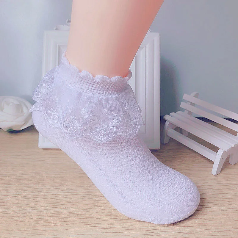 

Детские хлопковые кружевные милые носки с оборками для принцесс на весну и лето, тонкие сетчатые Дышащие Короткие носки до щиколотки, однот...