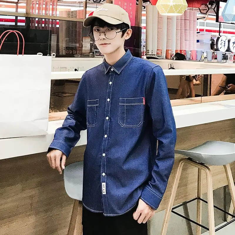

3XL 4XL Fashion Denim Shirt Men Casual Slim Fit Button Shirt Double Pockets Shirts Men Camisa Social Long Sleeve Tops XXXXL