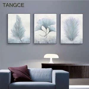 Скандинавский постер с белыми перьями и листьями, абстрактный голубой холст, настенная живопись, Современная HD картина, украшение для гостиной
