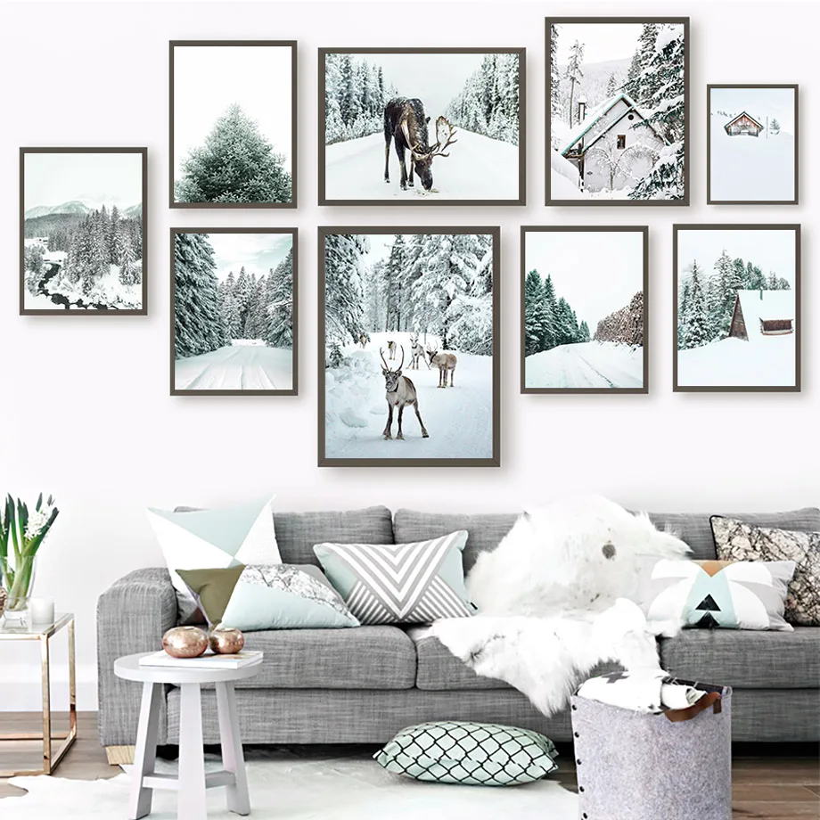 

Canvas Painting Wall Art Winter Landscape Pine Forest Snow Elk Nordic Posters Prints Wall Pictures For Living Home Decoration