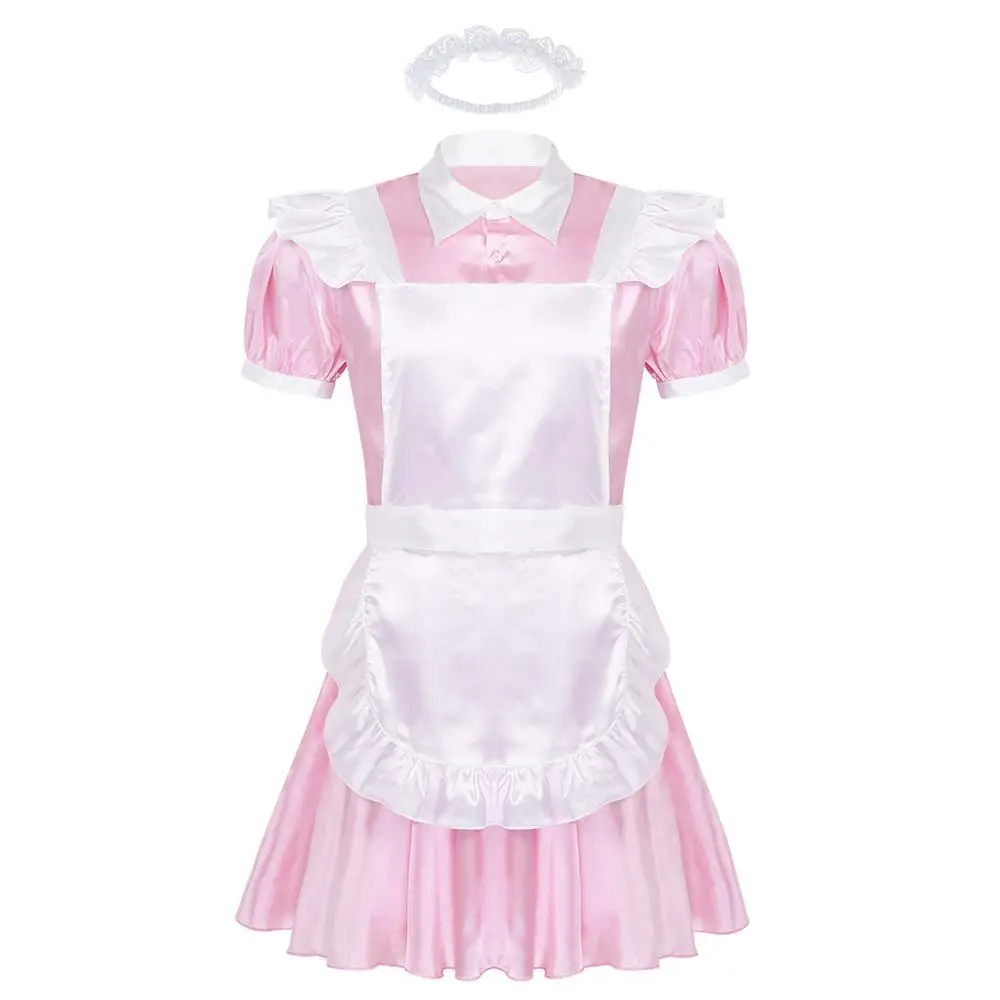 Type B Pink Iiniim Мужская Неженка форма французской горничной нарядное платье сексуальные забавные костюмы Клубная одежда для вечеринок атласное платье с чокером и повязкой на голову - Цвет: Type B Pink