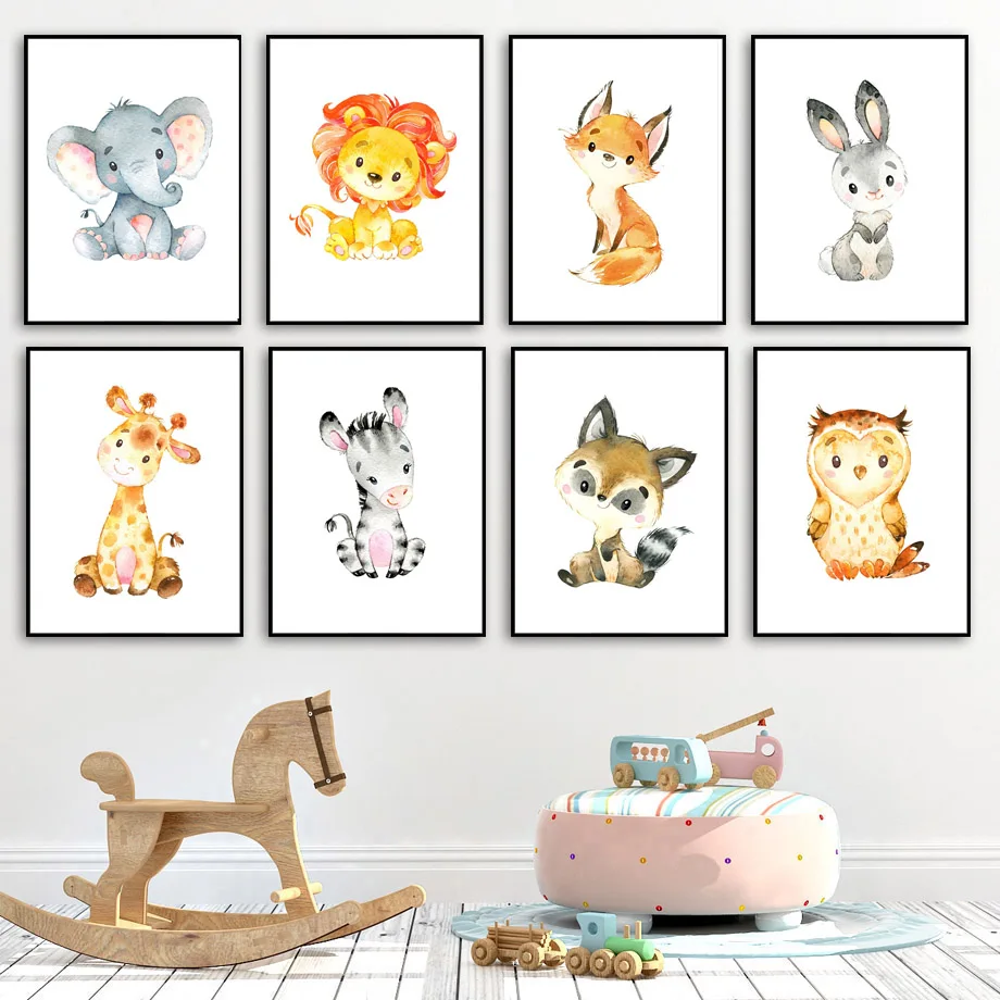 Милый слон жираф лиса кролик Лев Зебра детеныш плакат для детской стены