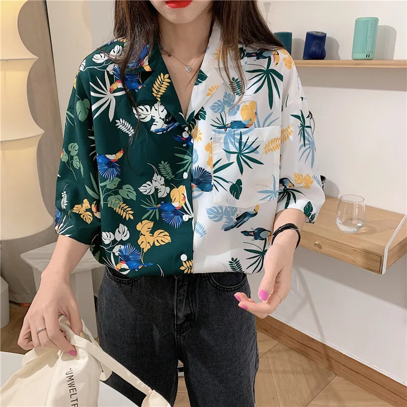 

Houthion Chiffon Loose Large Size Women's Blouses New Casual Blouse Fashion Short Sleeve Top Flower Print Buttons Shirt Summer