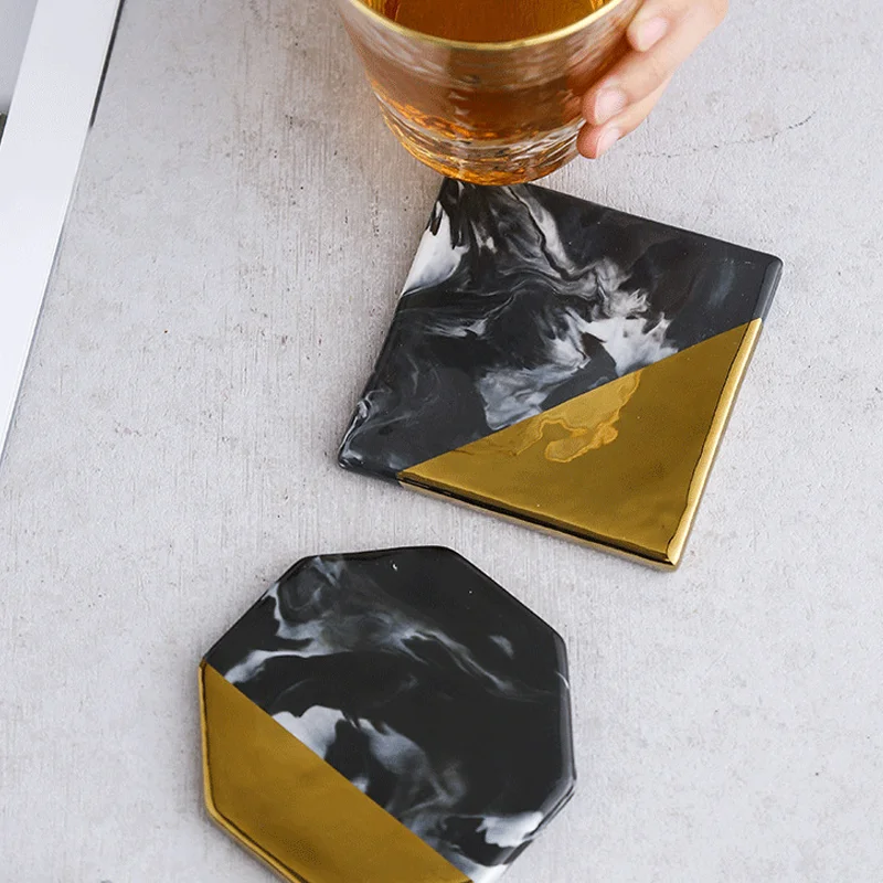 2Pcs Nordic Marble Coaster Ceramic Coasters Black &amp Gold Non-slip Insulation Mat Round Square Octagon Cup Home Table Decor | Дом и сад