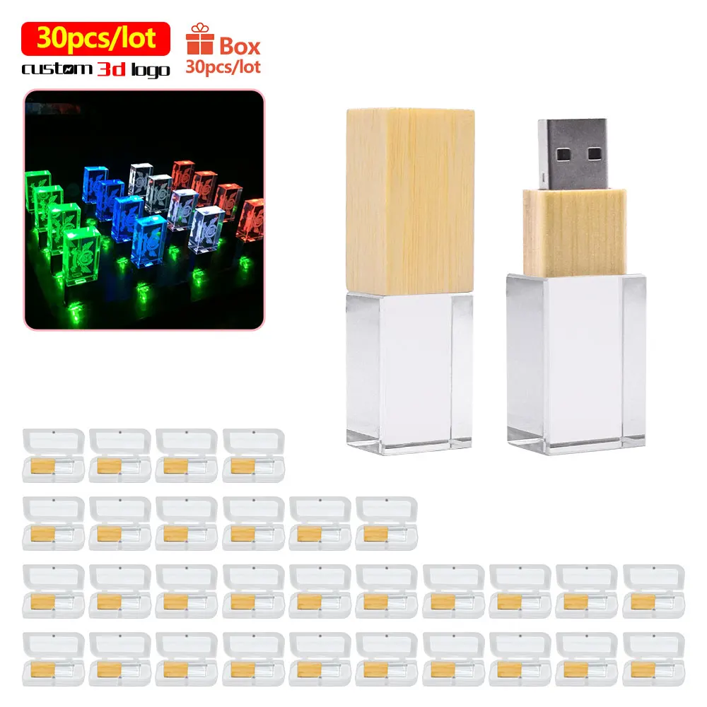 

30pcs/lot usb2.0 flash drive memory stick pendrive 16GB 32GB maple 64GB pen drive usb 128gb Customize 3d logo Crystal LED light