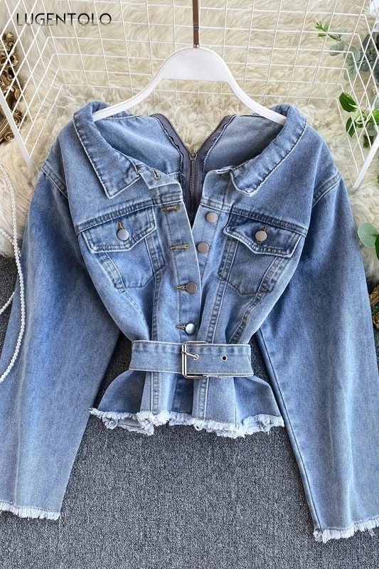 

Lugentolo Womens Denim Jacket Button Cardigan Sashes Turn-down Collar Single Breasted Slim Autumn New Fashion Womens coat