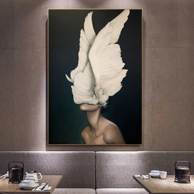 Черно белое абстрактное перо женская модная настенная живопись на холсте