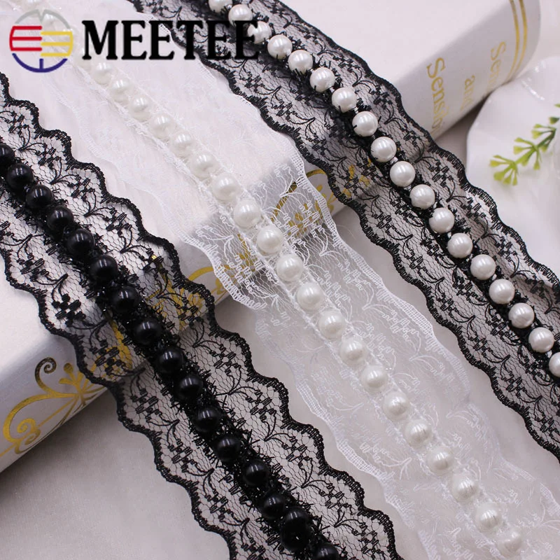 10 ярдов Красивая 40 мм ширина белый черный жемчуг кружевная отделка ткань ручной