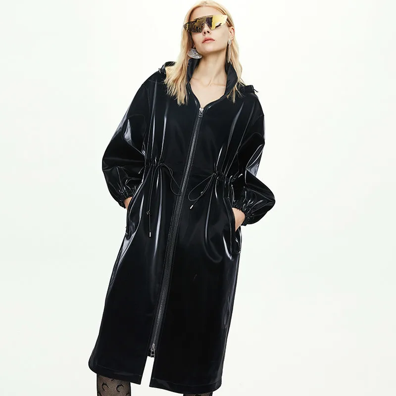 

New Style for Autumn Winter Windbreaker Female X-Long Imitation PU Leather Over The Knee European Version Handsome Windbreaker