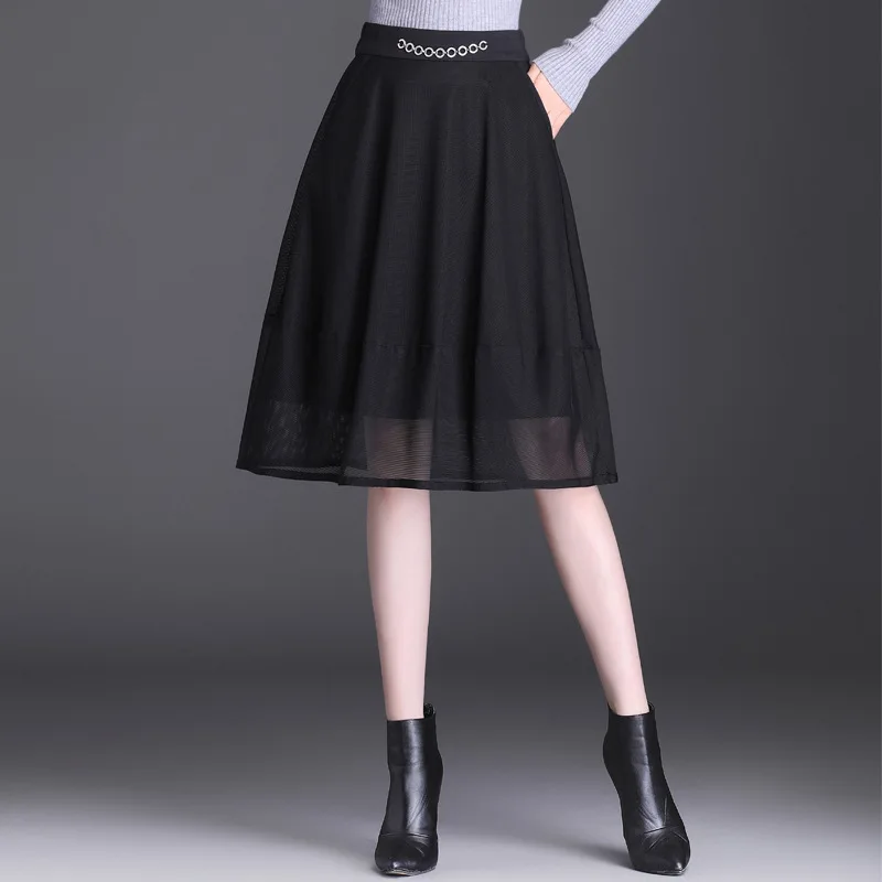 

Юбка женская с завышенной талией, модная трапециевидная черная сетчатая элегантная Свободная Повседневная до колен в Корейском стиле, весн...