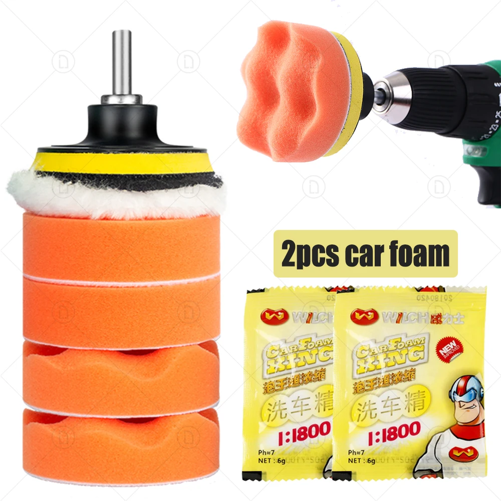 

LUDUO 7Pcs 3’’ Car Foam Drill Polishing Pad Kit Buffing Sponge Headlight Refurbish M10 Drill Adapter Set with Car Washing Powder