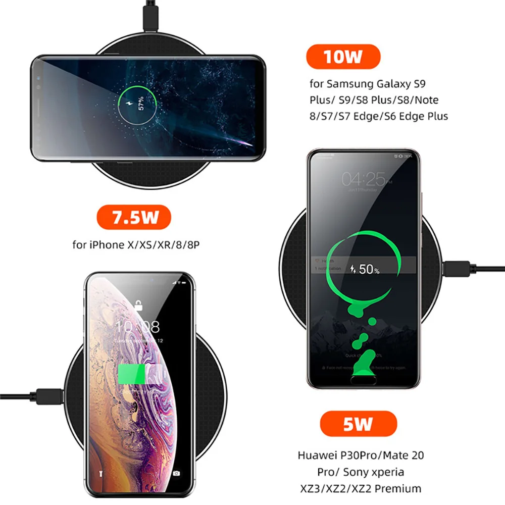 Беспроводное зарядное устройство Qi для Samsung Galaxy S10 S20 S9 Note 10 9 iPhone 8 Plus 11 12 Pro X XS XR
