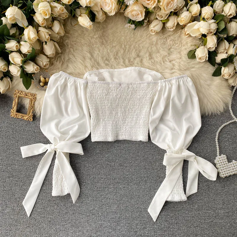 

Sexy Women Short Design Tube Top Cute Bowknot Puffy Short Sleeves Fashion Blogger Tube Top TN516