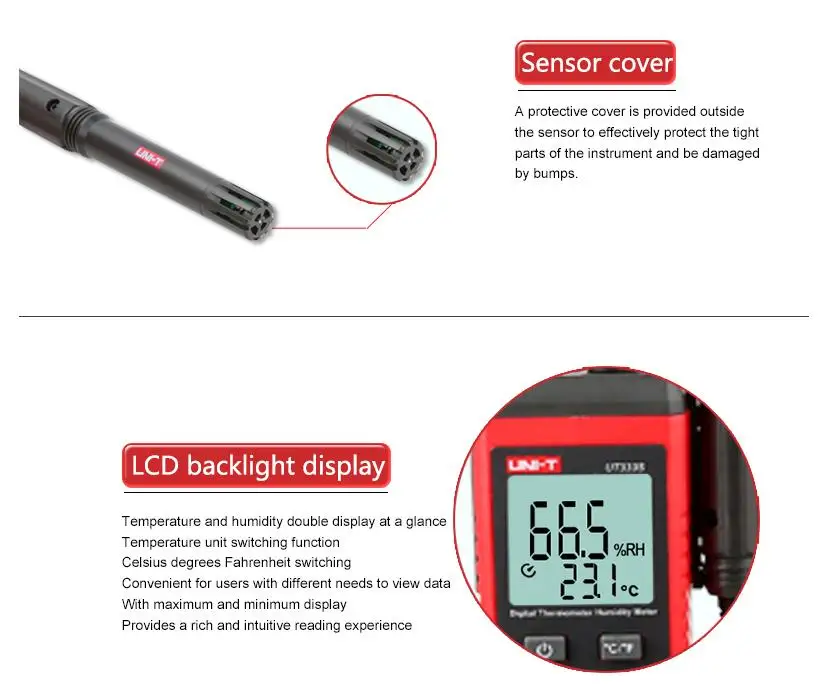 UNI-T UT333S Mini Temperature Hygrometer Sensor LCD Digital Thermometer Indicates LCD Backlight