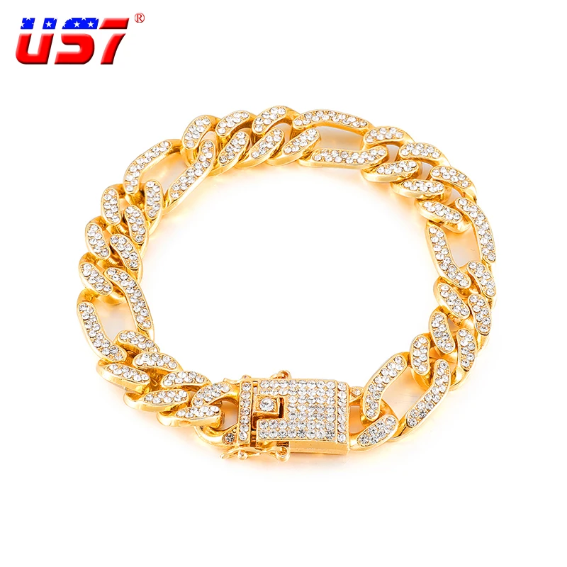 

US7 Micro Crystal Miami Figaro Chain Bracelets For Men Yellow Gold Iced Out Link Chain Hip Hop Rapper White Bracelet Jewelry