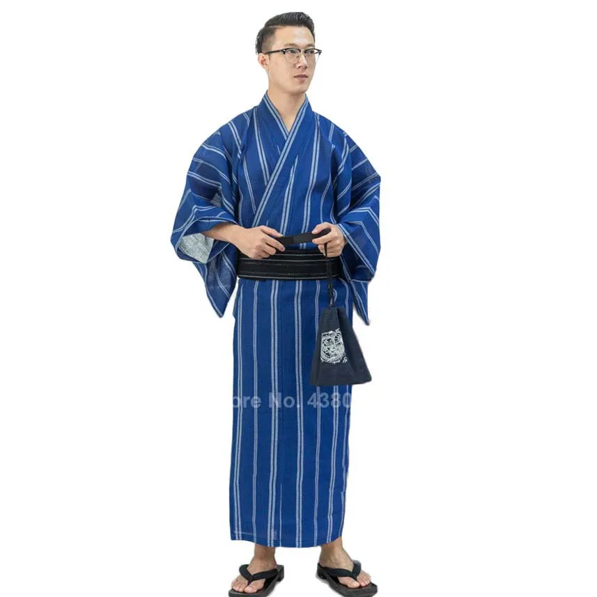 Color2 no belt Традиционный Азиатский японские костюмы Мужские новогодние кимоно Jinbei пижамы Спа сауна тонкая хлопковая юката длинный банный Халат - Цвет: Color2 no belt