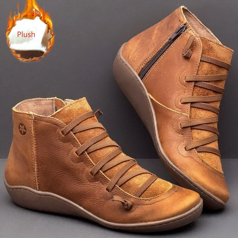 Plush Brown Женские кроссовки для бега Женские короткие сапоги с круглым носком; ботинки на низком каблуке сапоги Для женщин модные зимние ботинки со шнуровкой; ботильоны - Цвет: Plush Brown