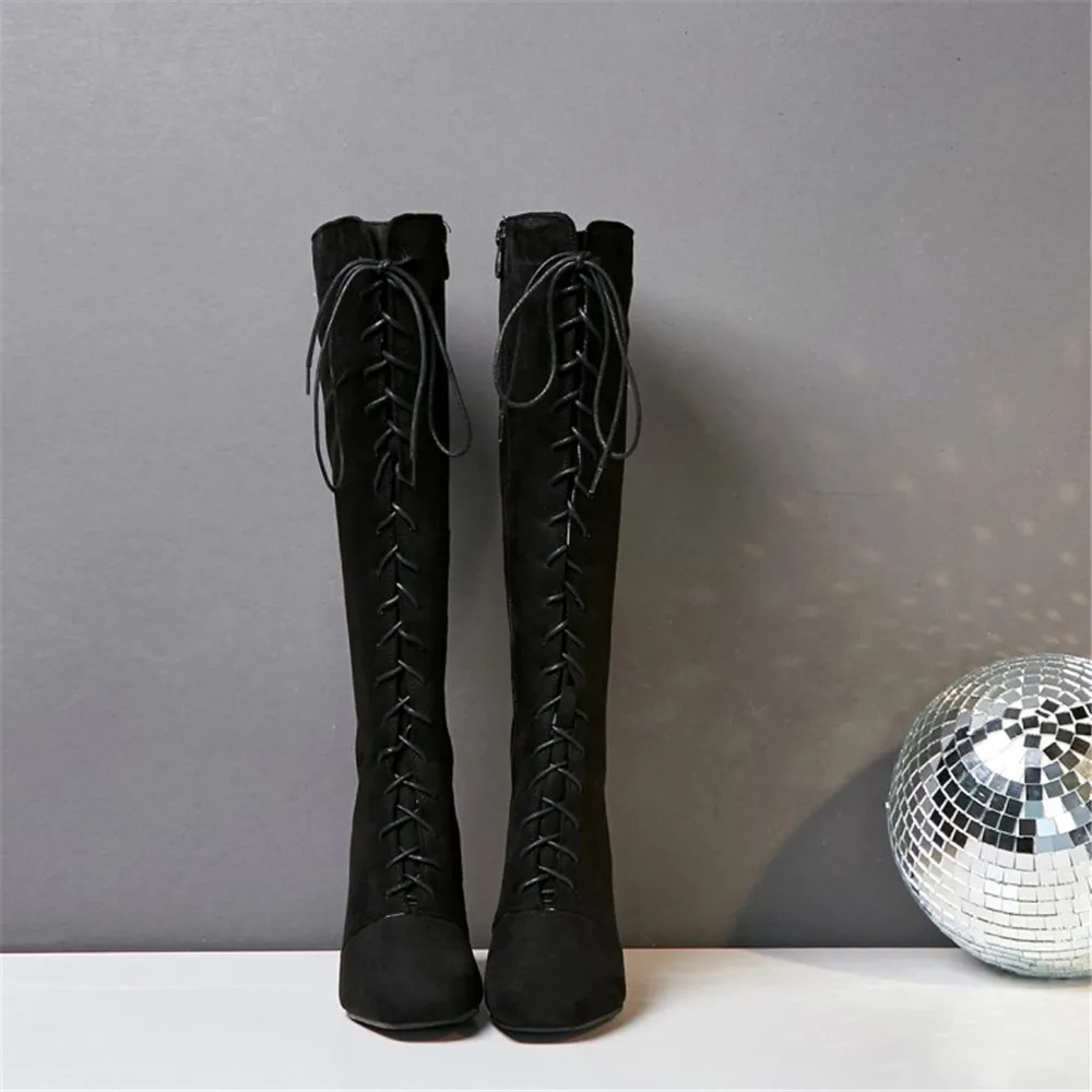 

ORCHA LISA Woman Winter Knee Boots Square Toe 7cm High Square Heels ZIP Flock Cross-tied Big Size 34-48 Casual Outdoor C1967