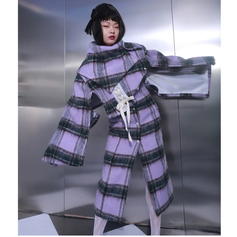 

[DEAT] Off Shoulder Lapel Tie Plaid Tweed Strapless Dress Mid Calf Length High Street New Fashion Tide 2021 Spring GX143