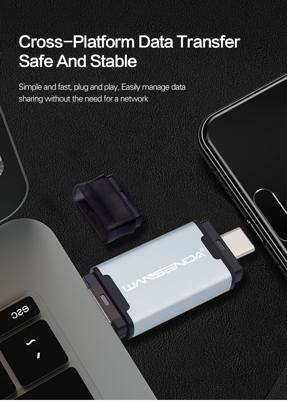 Горячая WANSENDA, 2 в 1, TYPE-C, USB 3,0, USB флеш-накопитель, металлический флеш-накопитель, 16 ГБ, 32 ГБ, 64 ГБ, 128 ГБ, 256 ГБ, 512 ГБ, флеш-накопитель, USB флешка