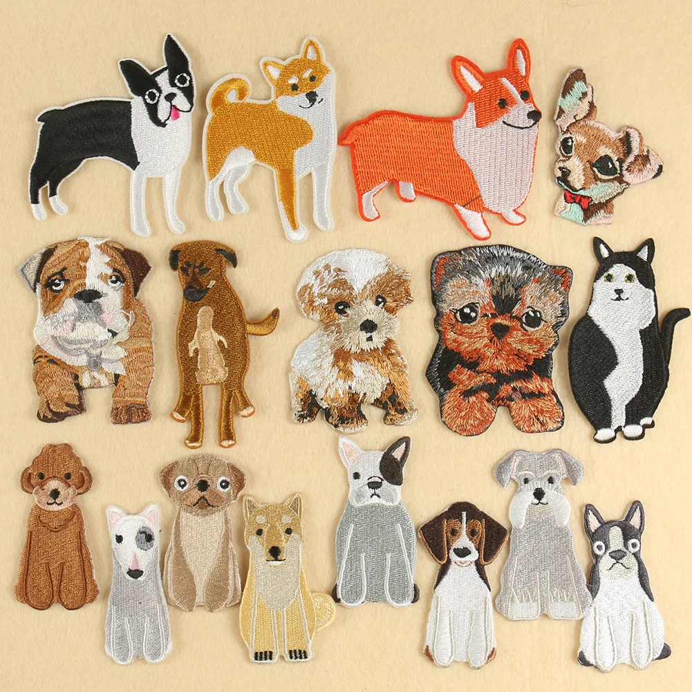 Нашивки с вышивкой корги/Хаски для одежды аппликация мультяшными собаками и