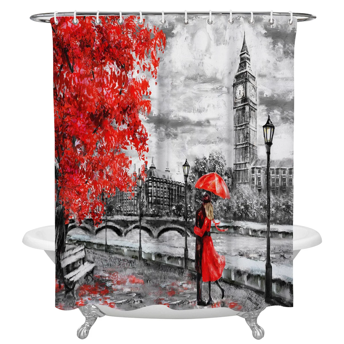 

London Couple Watercolor Painting Shower Curtains Bathroom Curtain Waterproof Polyester Frabic Bathroom Curtain with Hooks