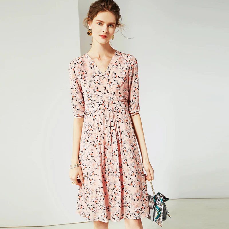 100% Real Silk Dress Pleated Floral Printed V Neck Half Sleeve A-line Casual Style New Fashion Summer 2019 | Женская одежда